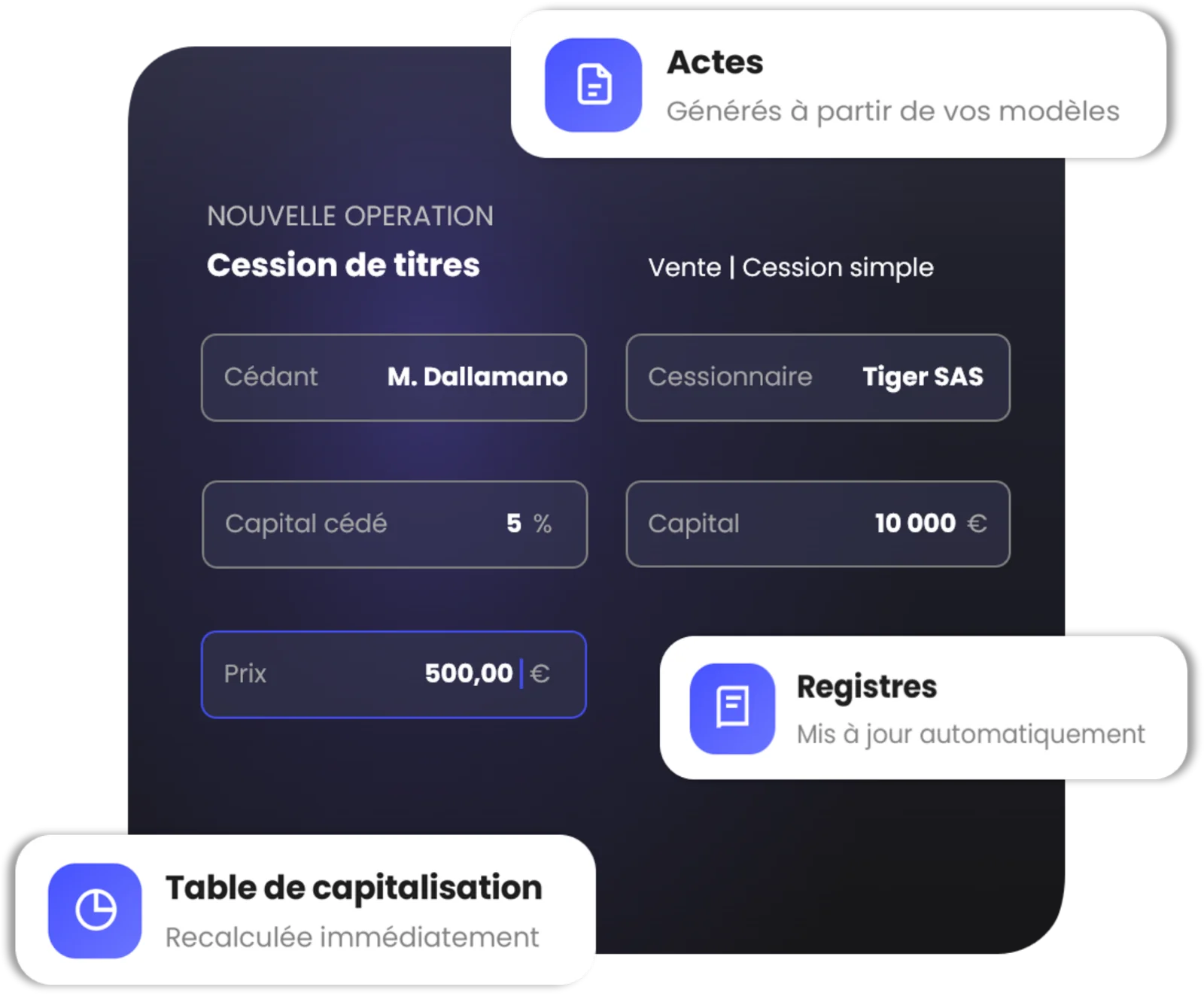 Andy Corporate — nouvelle opération de cession de titres, actes, registres et table de capitalisation