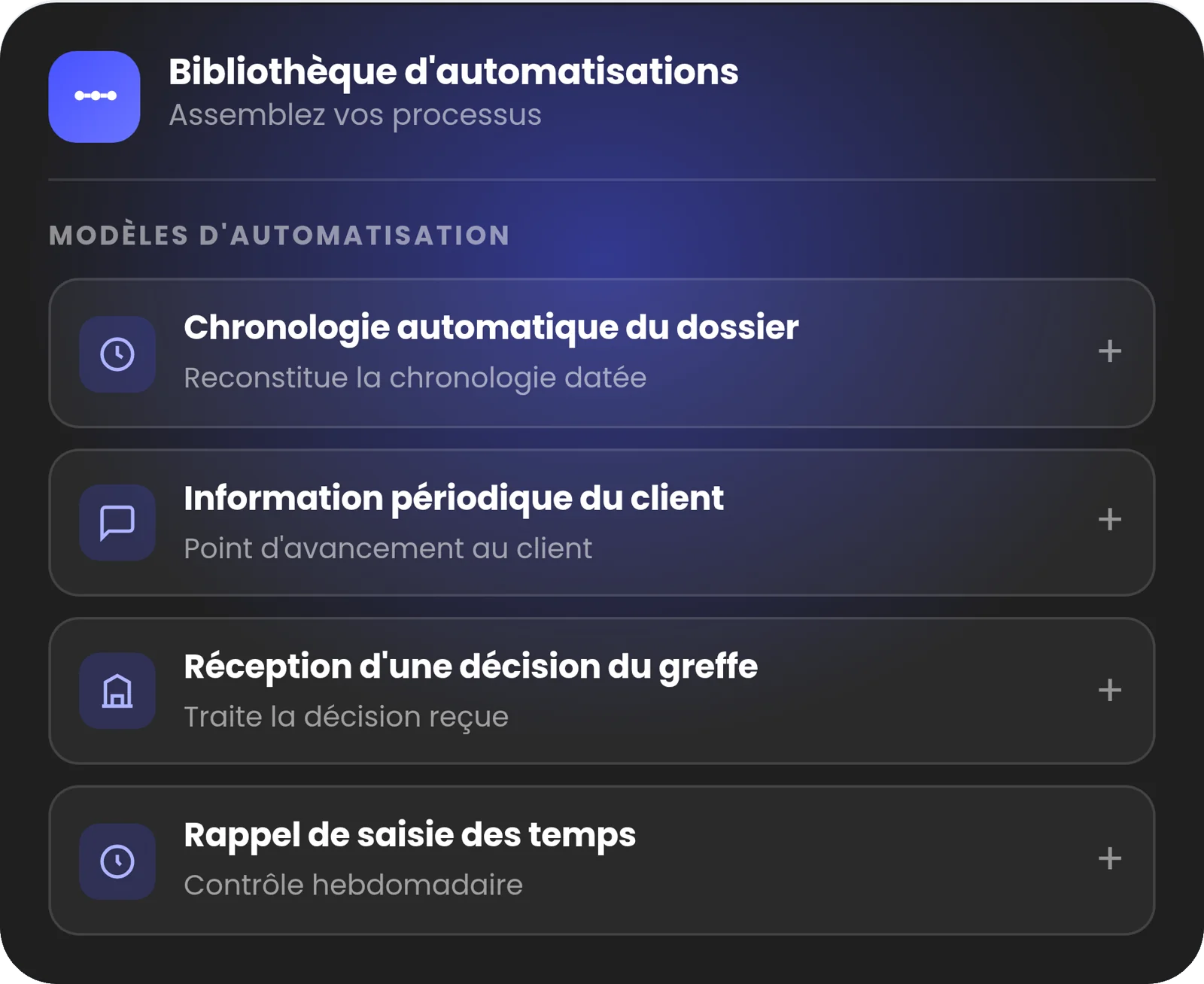 Bibliothèque d'automatisations d'Andy : chronologie de dossier, information du client, décision du greffe, rappel de saisie des temps